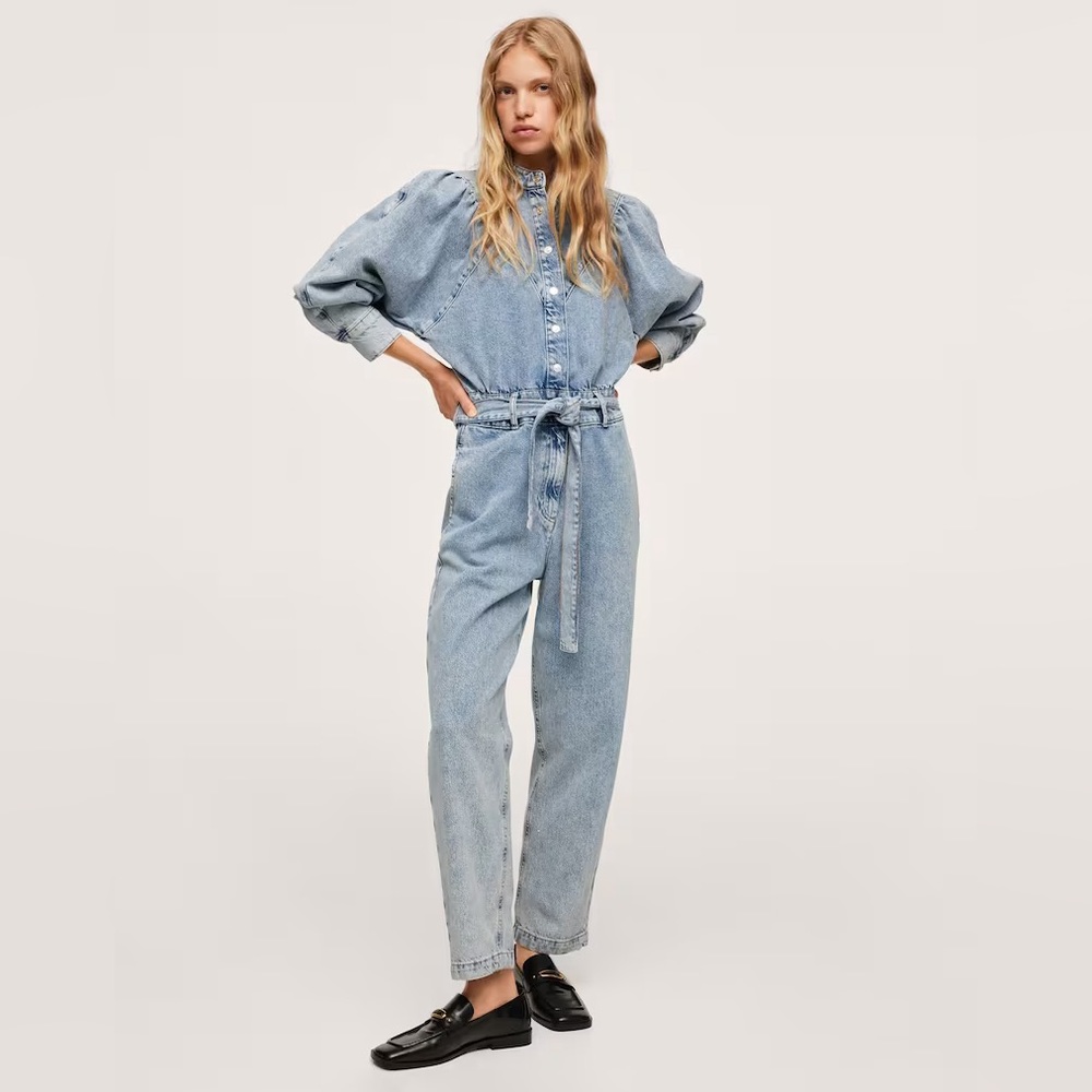 NWT MNG mango belt denim jumpsuit coveralls vintage light wash | size xxs